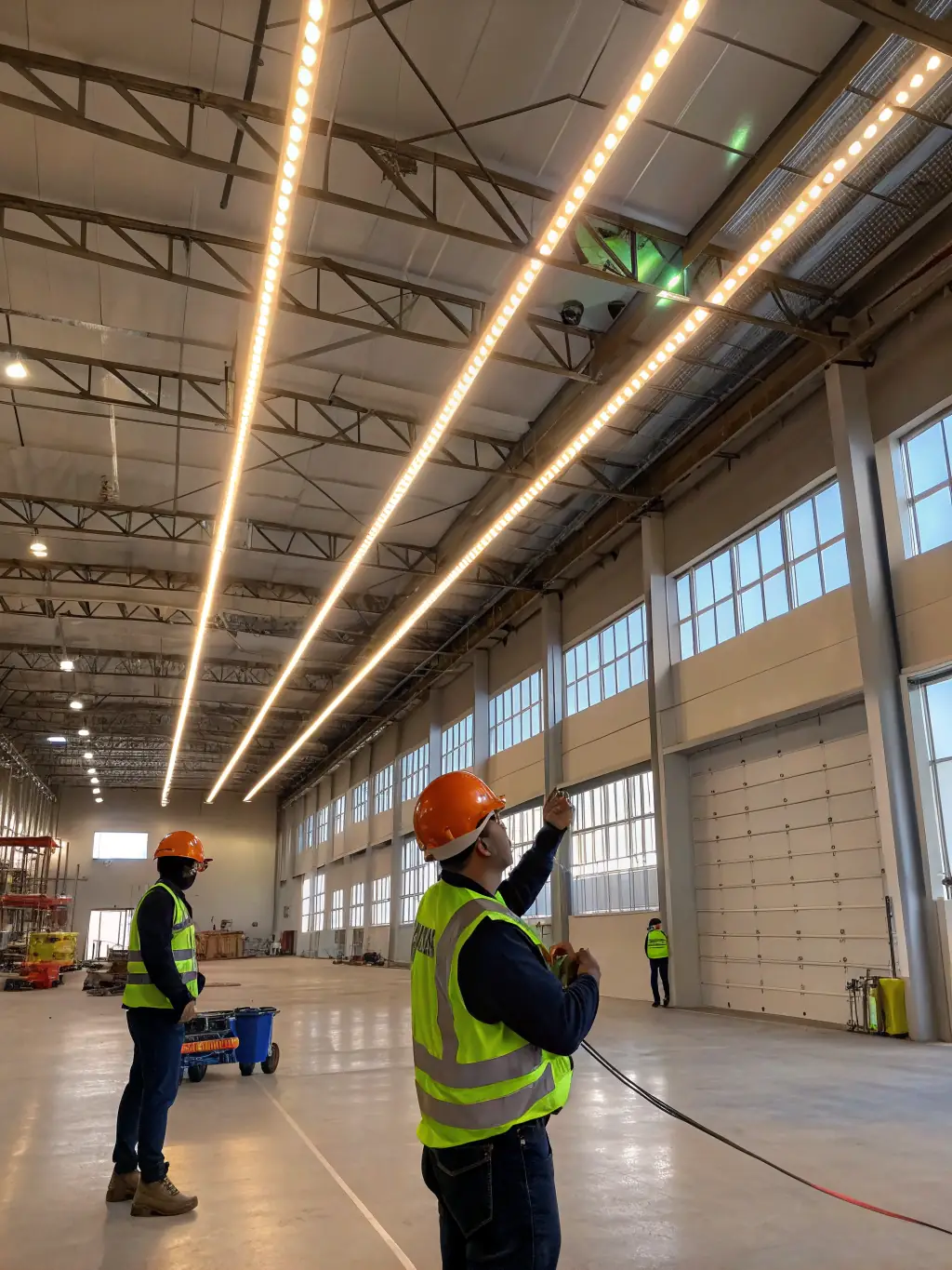 A commercial building undergoing a lighting retrofit, with workers installing energy-efficient LED fixtures.