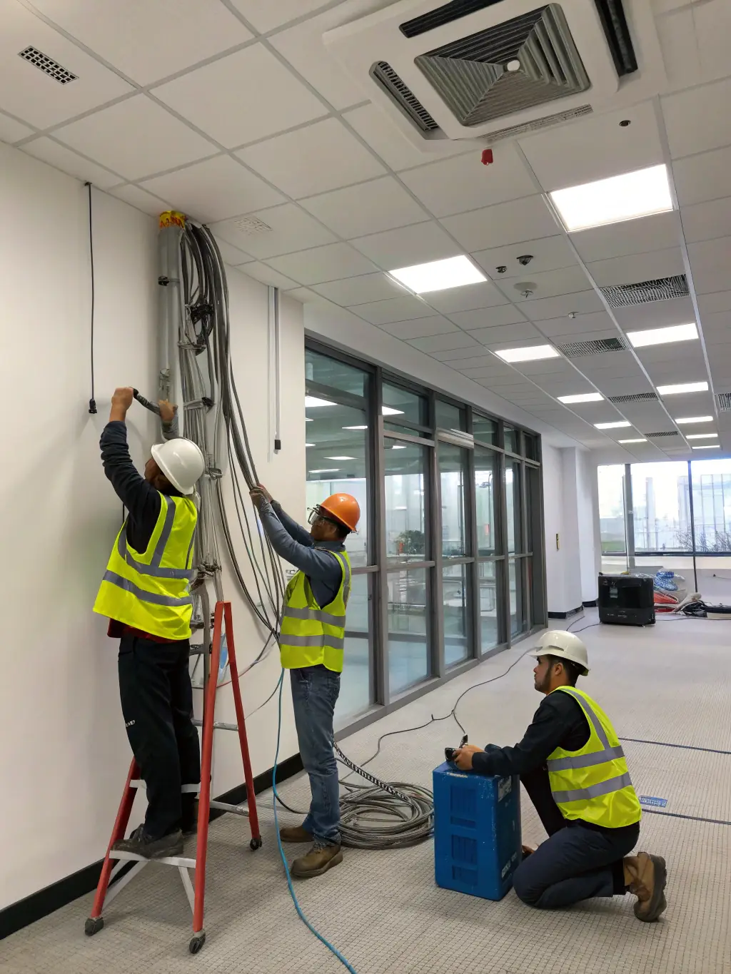 A time-lapse of a commercial construction site, showing the electrical wiring being installed in a new building.