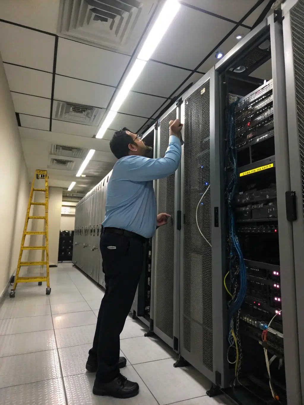 A commercial electrician troubleshooting a complex electrical issue in a server room, highlighting the importance of reliable power for businesses.