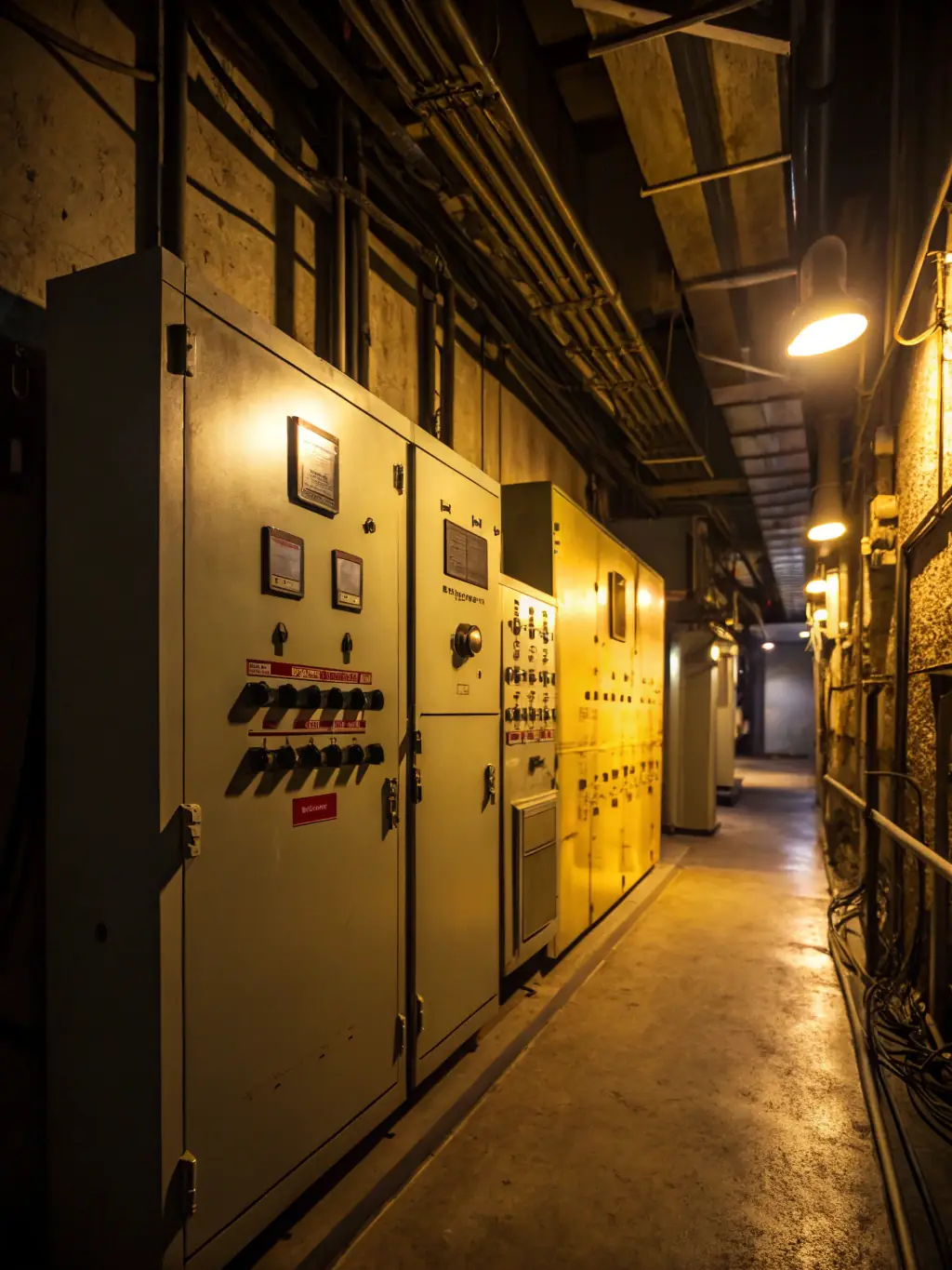A modern office building's electrical room with neatly arranged switchgear, showcasing the complexity and precision of commercial electrical systems.